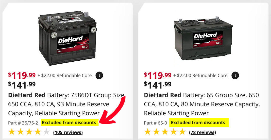 advance auto battery discount excluded