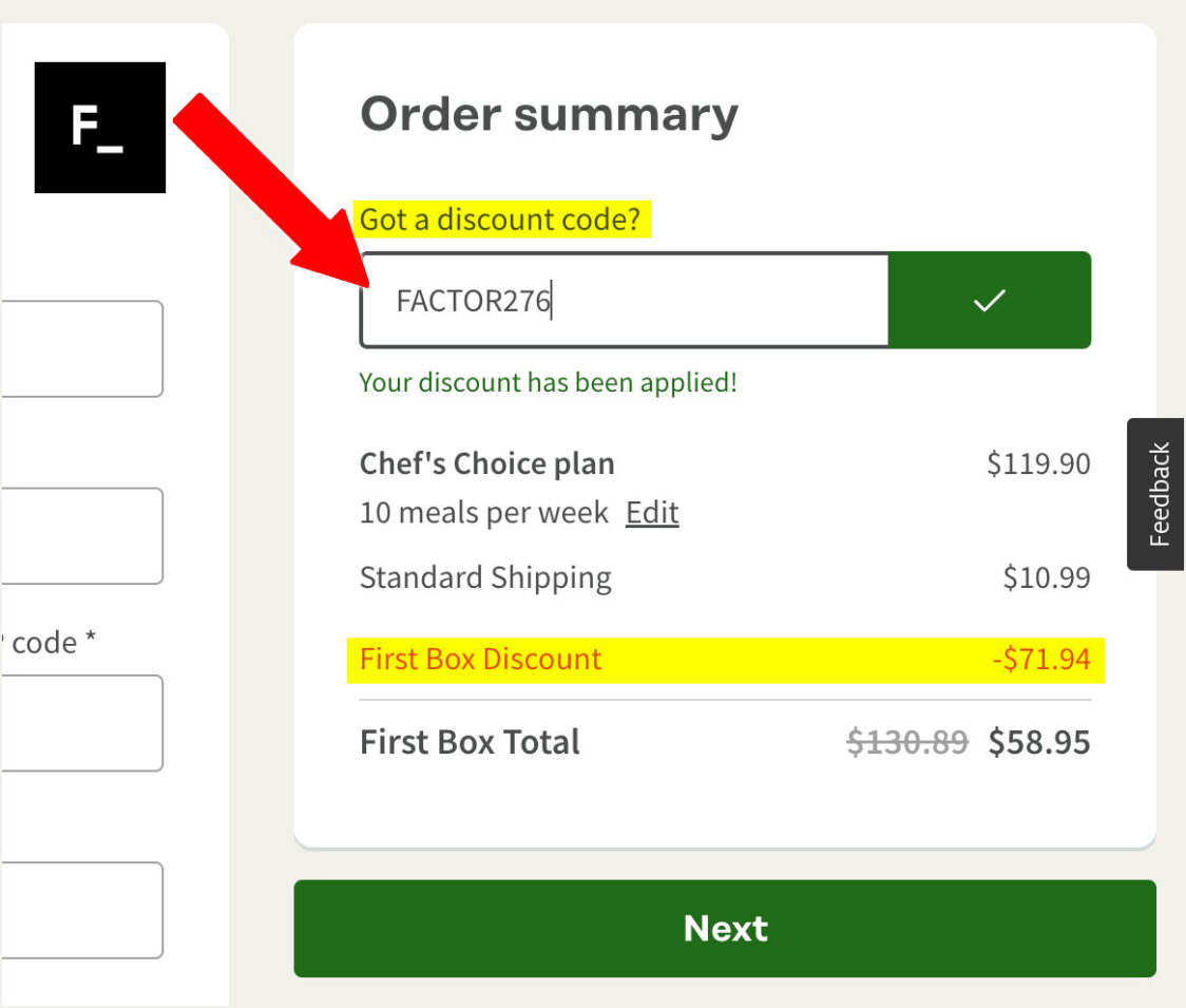 enter factor meals discount code