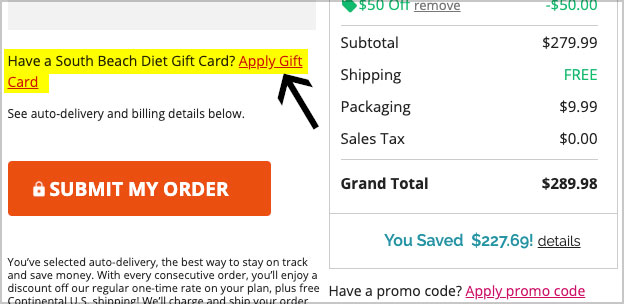 where to enter south beach diet costco gift card