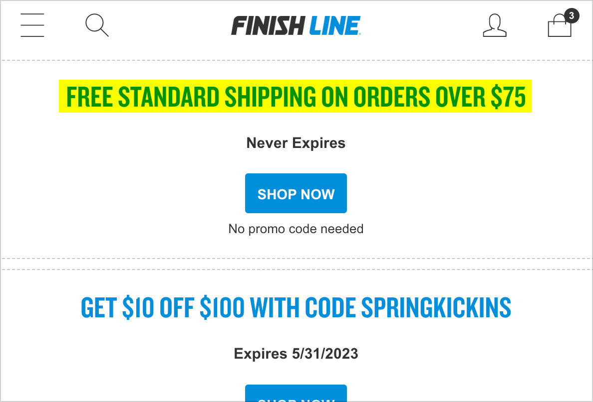 finish line free shipping $75