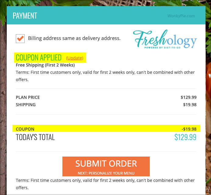 freshology coupon code applied