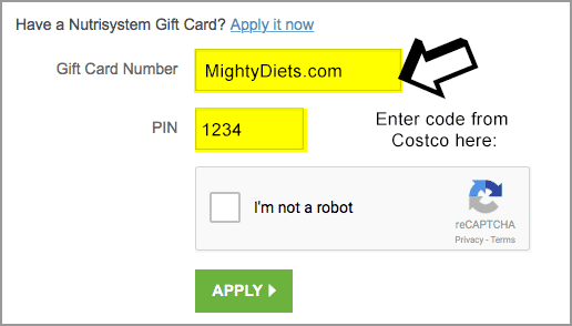 gift card code nutrisystem