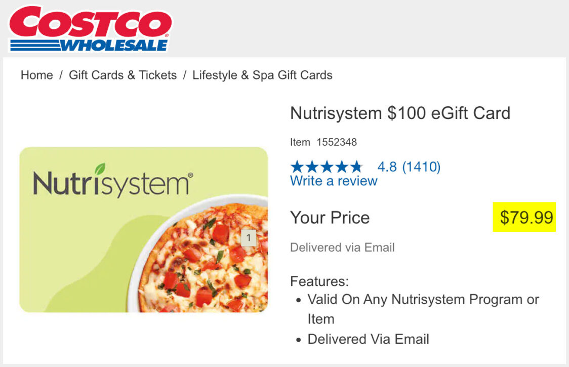nutrisystem costco gift card price