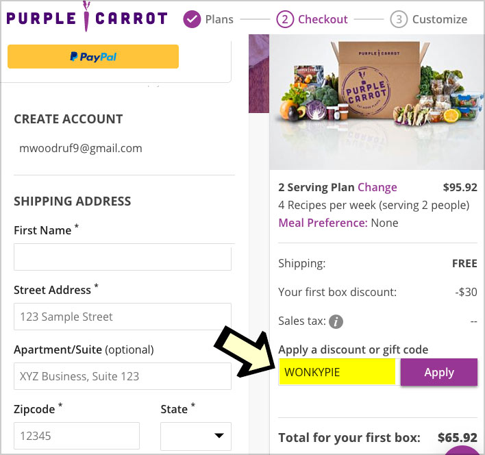 enter purple carrot discount code