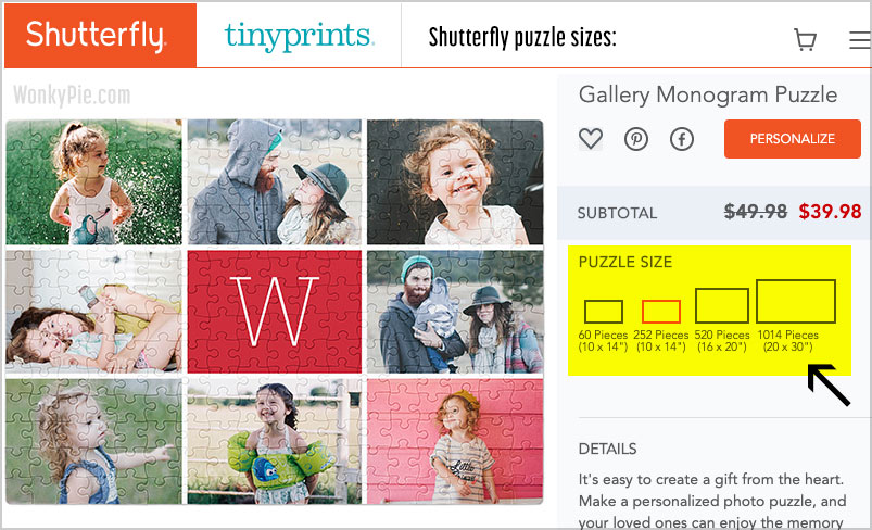 shutterfly puzzle sizes