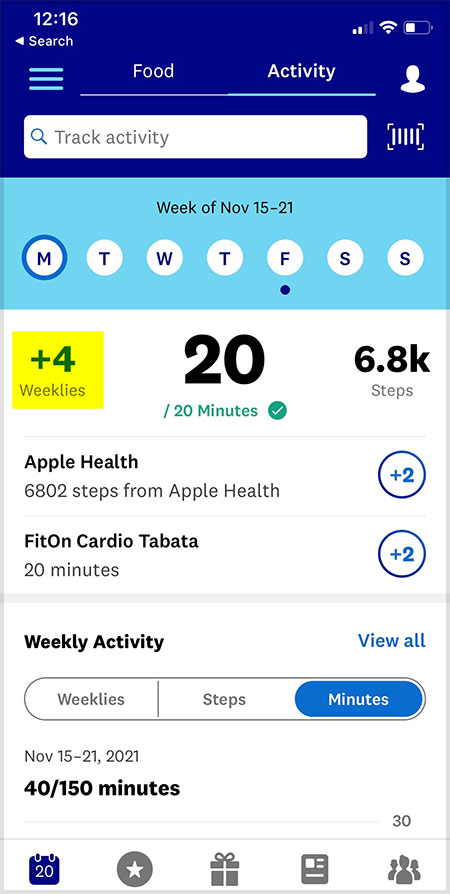 ww activity points on app